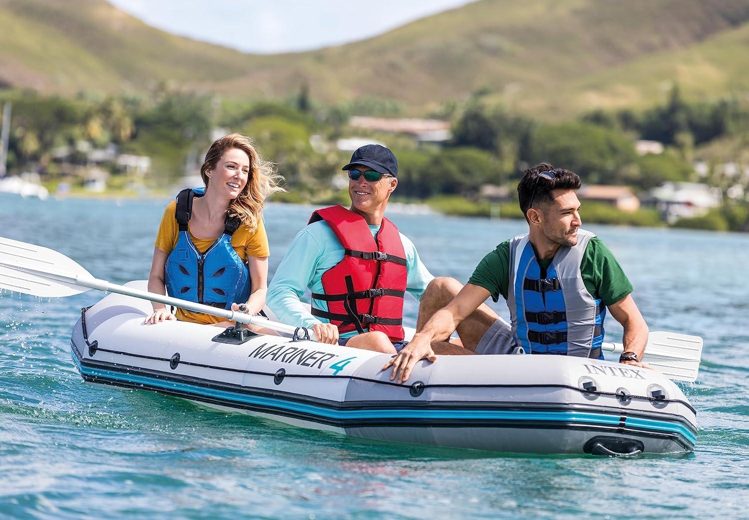 imageINTEX 68376EP Mariner 4 Inflatable Boat Set Includes Deluxe 54in Boat Oars and HighOutput Pump WearResistant Keel Removable Fishing Rod Holders 4Person 1100lb Weight Capacity