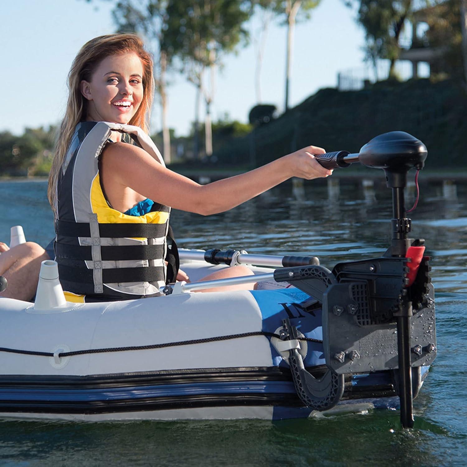 imageINTEX 68631E Transom Trolling Motor Easy to Attach BuiltIn Battery Meter Quiet Motor Weed Escape Mode Suitable for Freshwater and Saltwater