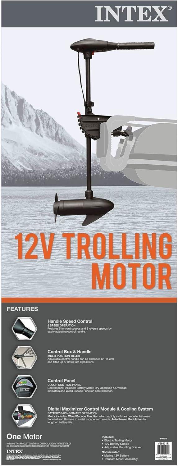 imageINTEX 68631E Transom Trolling Motor Easy to Attach BuiltIn Battery Meter Quiet Motor Weed Escape Mode Suitable for Freshwater and Saltwater
