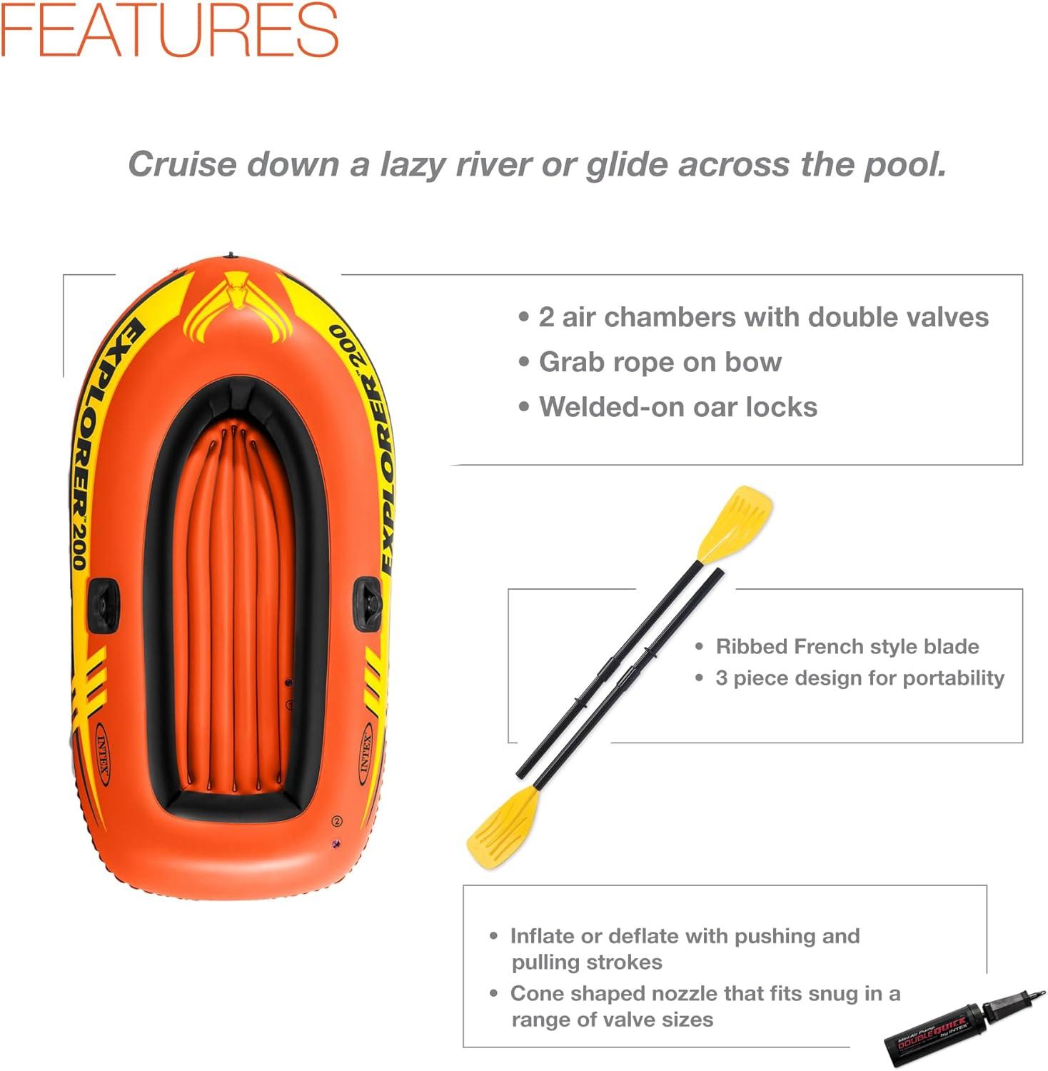 imageINTEX Explorer Inflatable Boat Series Dual Air Chambers Welded Oar Locks Grab Handles Bow Rope Sporty Design2 Person