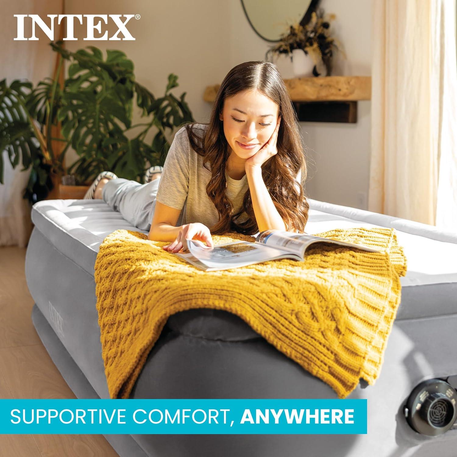 imageIntex 64417ED 22in Queen DuraBeam Comfort Plush HighRise Inflatable Air Mattress with Built in Pump for Travel and Camping 600lb Weight CapacityGrey