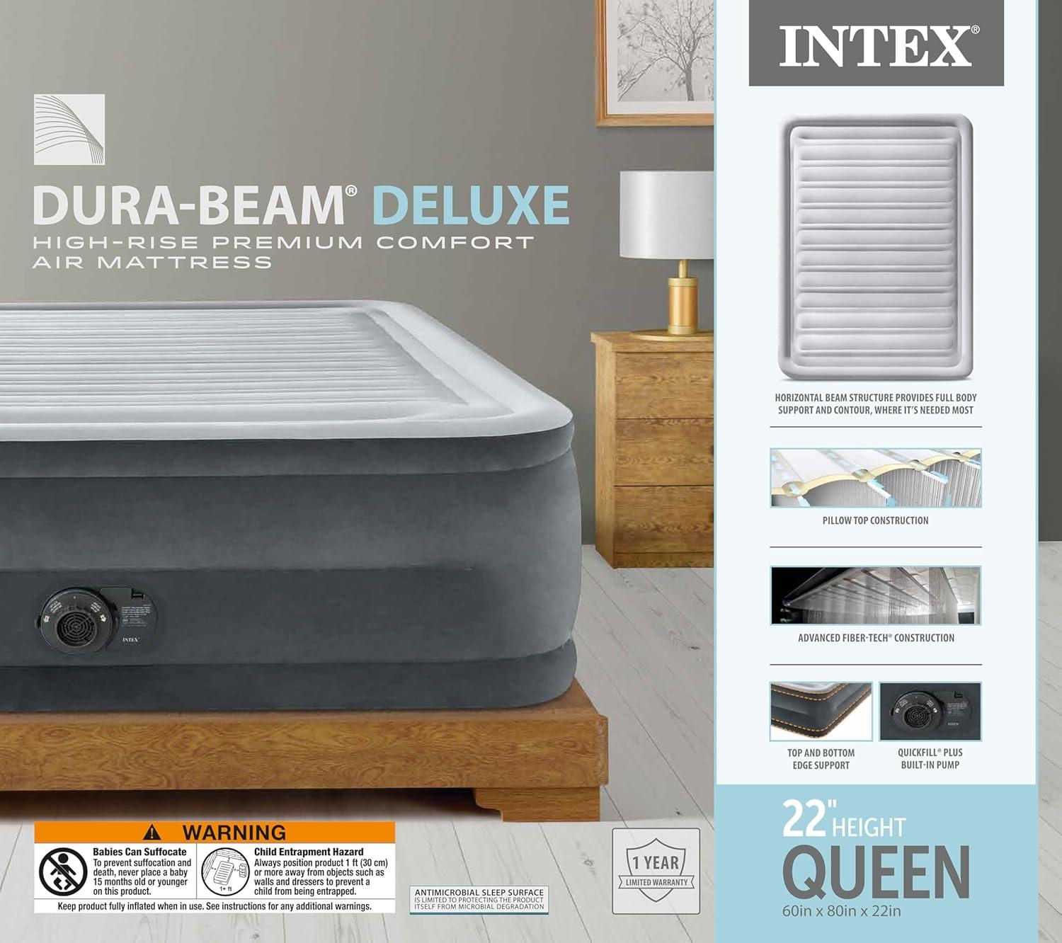 imageIntex 64417ED 22in Queen DuraBeam Comfort Plush HighRise Inflatable Air Mattress with Built in Pump for Travel and Camping 600lb Weight CapacityGrey