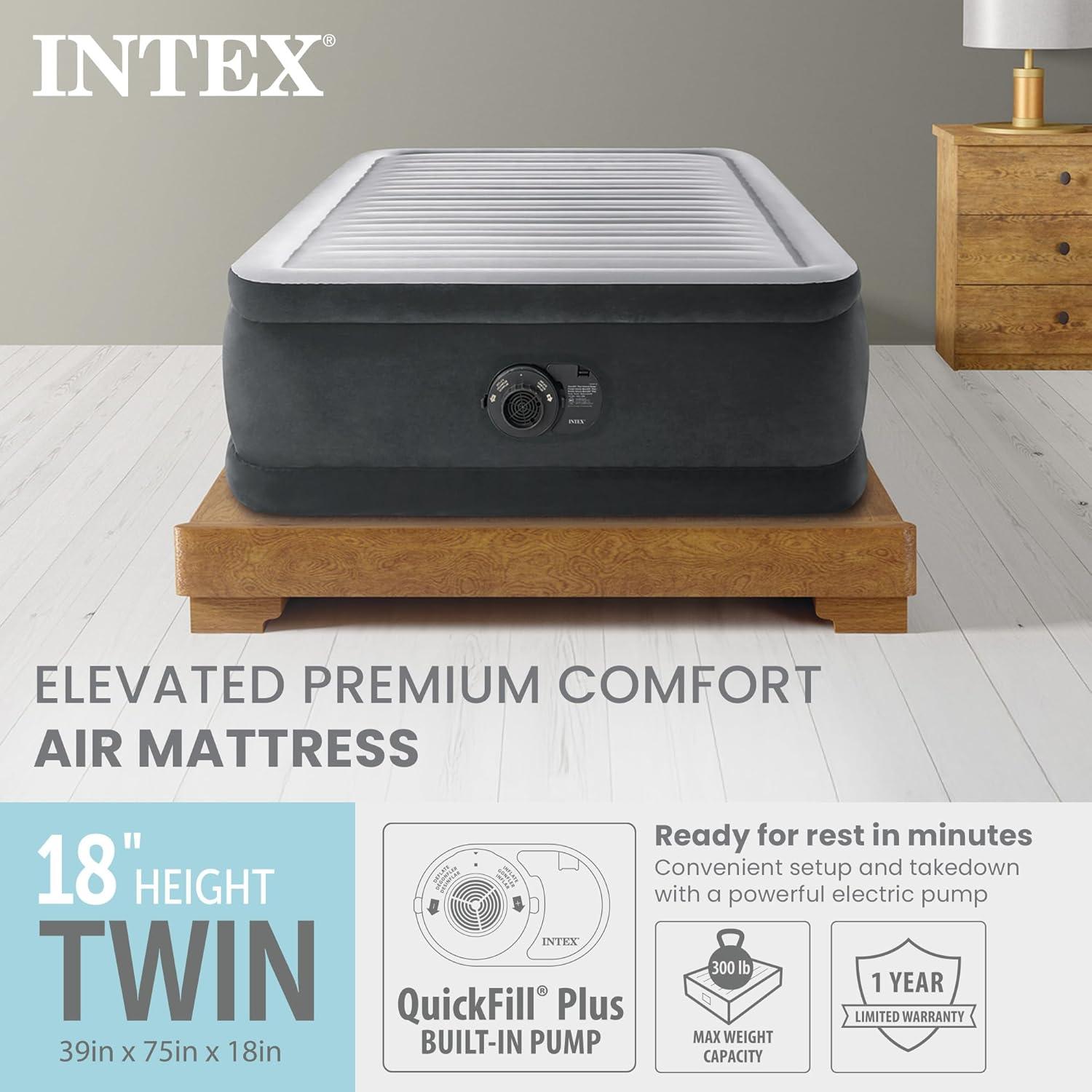imageIntex 64417ED 22in Queen DuraBeam Comfort Plush HighRise Inflatable Air Mattress with Built in Pump for Travel and Camping 600lb Weight CapacityGrey