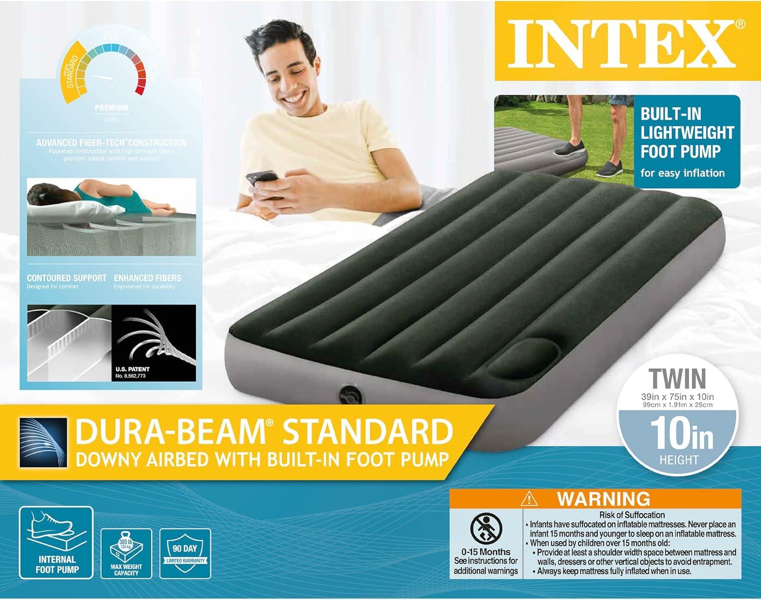 imageIntex 64762E DuraBeam Standard Downy Air Mattress FiberTech Full Size Builtin Foot Pump 10in Bed Height 300lb Weight CapacityTwin