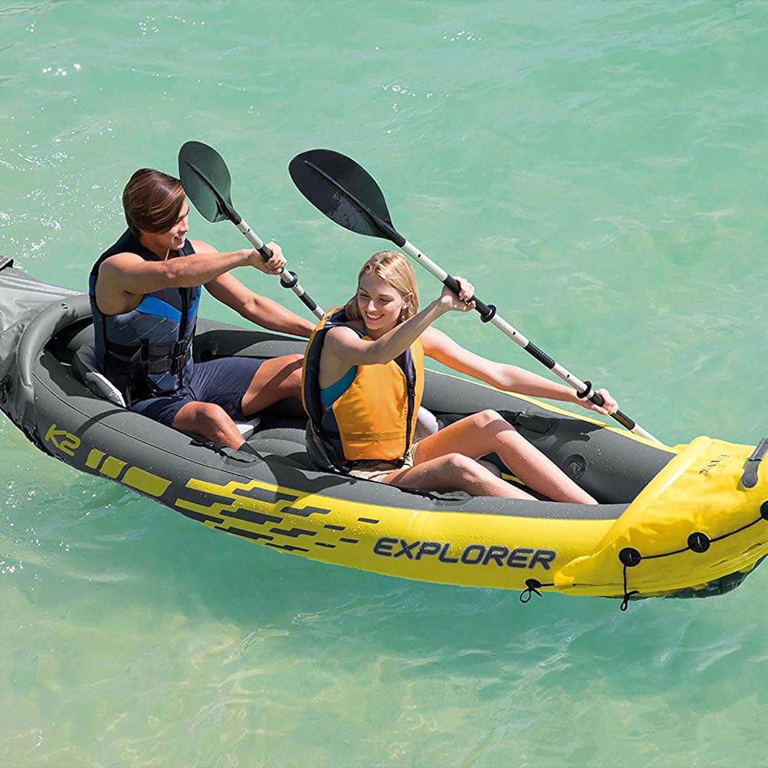 imageIntex 68307EP Explorer K2 Inflatable Kayak Set Includes Deluxe 86in Aluminum Oars and HighOutput Pump SuperStrong PVC Adjustable Seats with Backrest 2Person 400lb Weight Capacity2person