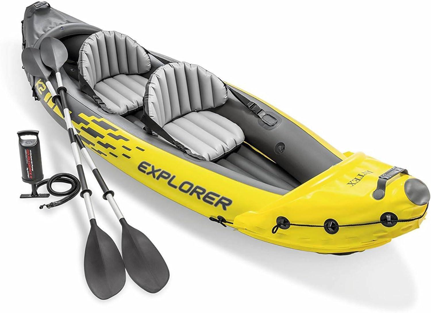imageIntex 68307EP Explorer K2 Inflatable Kayak Set Includes Deluxe 86in Aluminum Oars and HighOutput Pump SuperStrong PVC Adjustable Seats with Backrest 2Person 400lb Weight Capacity2person