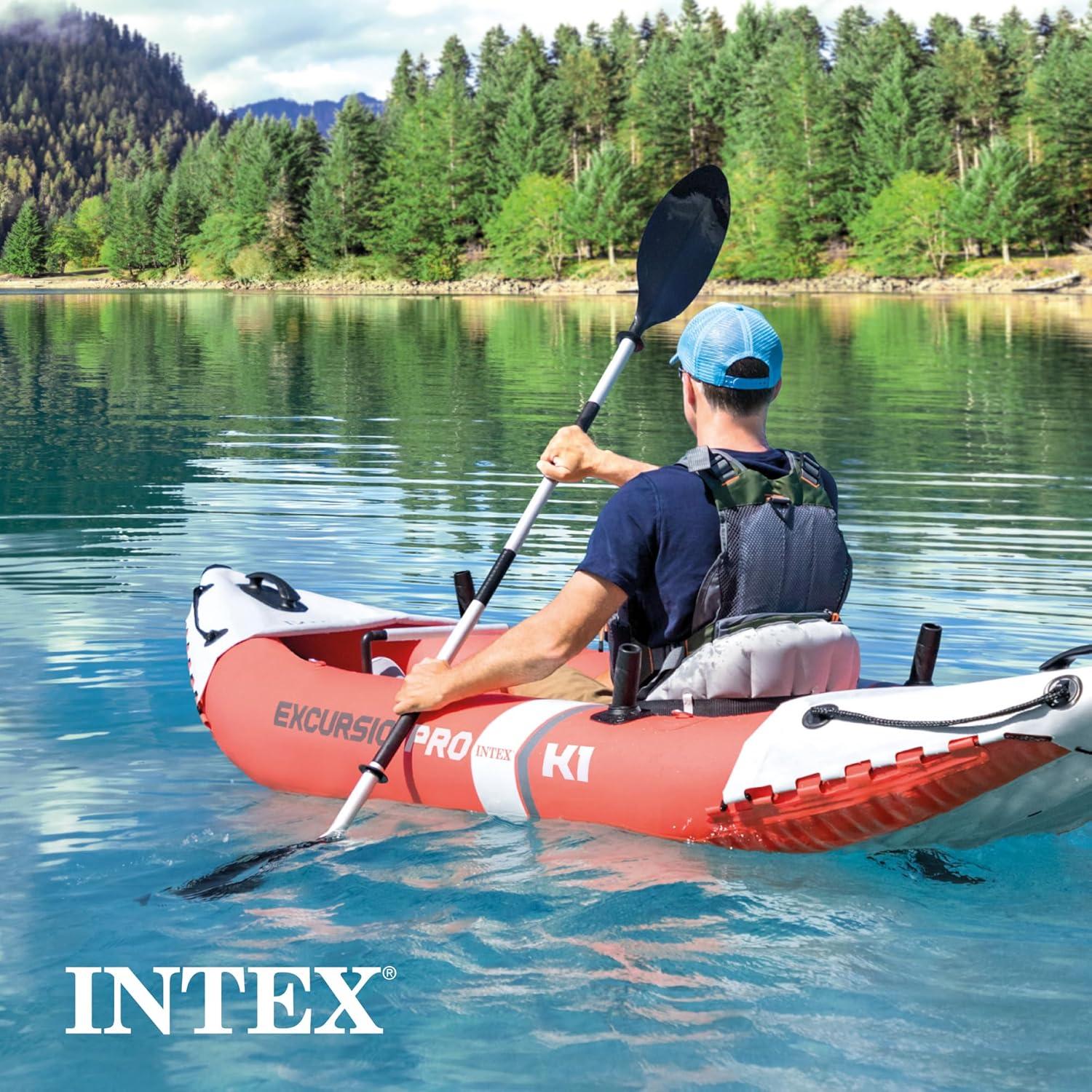 imageIntex 68309EP Excursion Pro K2 Inflatable Kayak Set Includes Deluxe 86in Kayak Paddles and HighOutput Pump SuperTough PVC Adjustable Bucket Seat 2Person 400lb Weight Capacity1Person Kayak Set