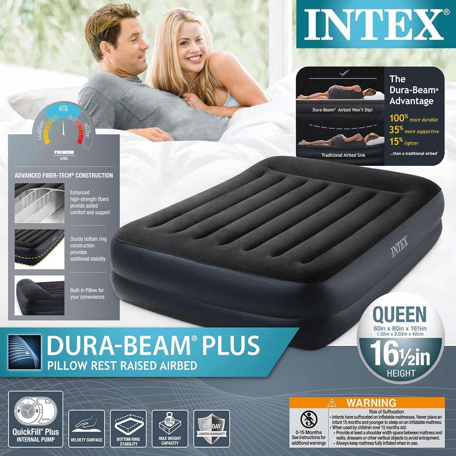 imageIntex Air Mattress 64123ED DuraBeam Plus Pillow Rest FiberTech Queen Size Builtin Electric Pump 165in Bed Height 600lb Weight CapacityQueen