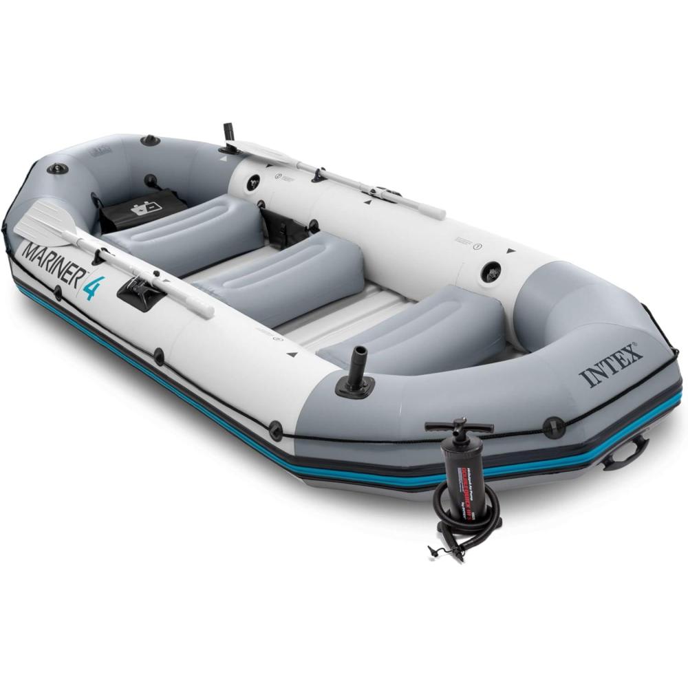 imageINTEX 68376EP Mariner 4 Inflatable Boat Set Includes Deluxe 54in Boat Oars and HighOutput Pump WearResistant Keel Removable Fishing Rod Holders 4Person 1100lb Weight Capacity