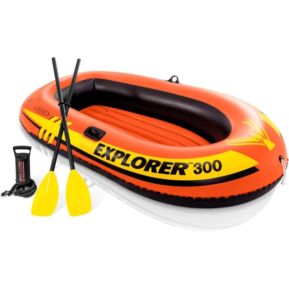 imageINTEX Explorer Inflatable Boat Series Dual Air Chambers Welded Oar Locks Grab Handles Bow Rope Sporty Design3 Person