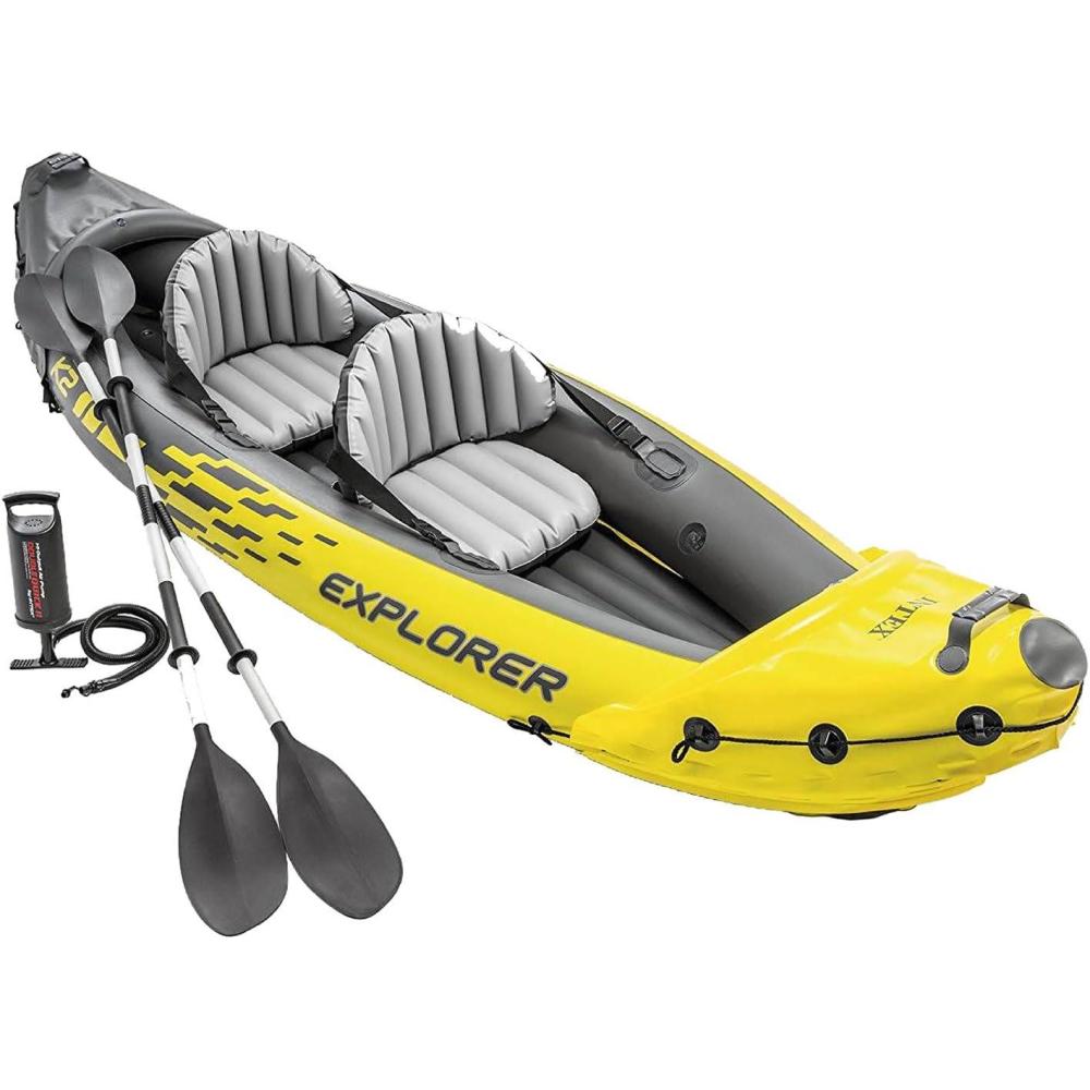 imageIntex 68307EP Explorer K2 Inflatable Kayak Set Includes Deluxe 86in Aluminum Oars and HighOutput Pump  SuperStrong PVC  Adjustable Seats with Backrest  2Person  400lb Weight Capacity2person