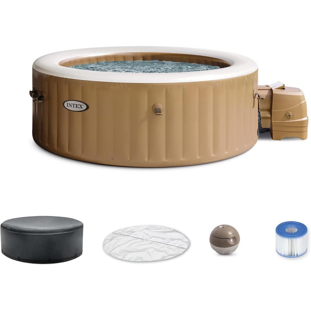 imageIntex PureSpa 6 Person Bubble Massage Inflatable Hot Tub Spa Set Sahara Tan  Portable Outdoor Spa Plus Water Heater Pump Foam Cover Dispenser Ballwith Energy Efficient Cover