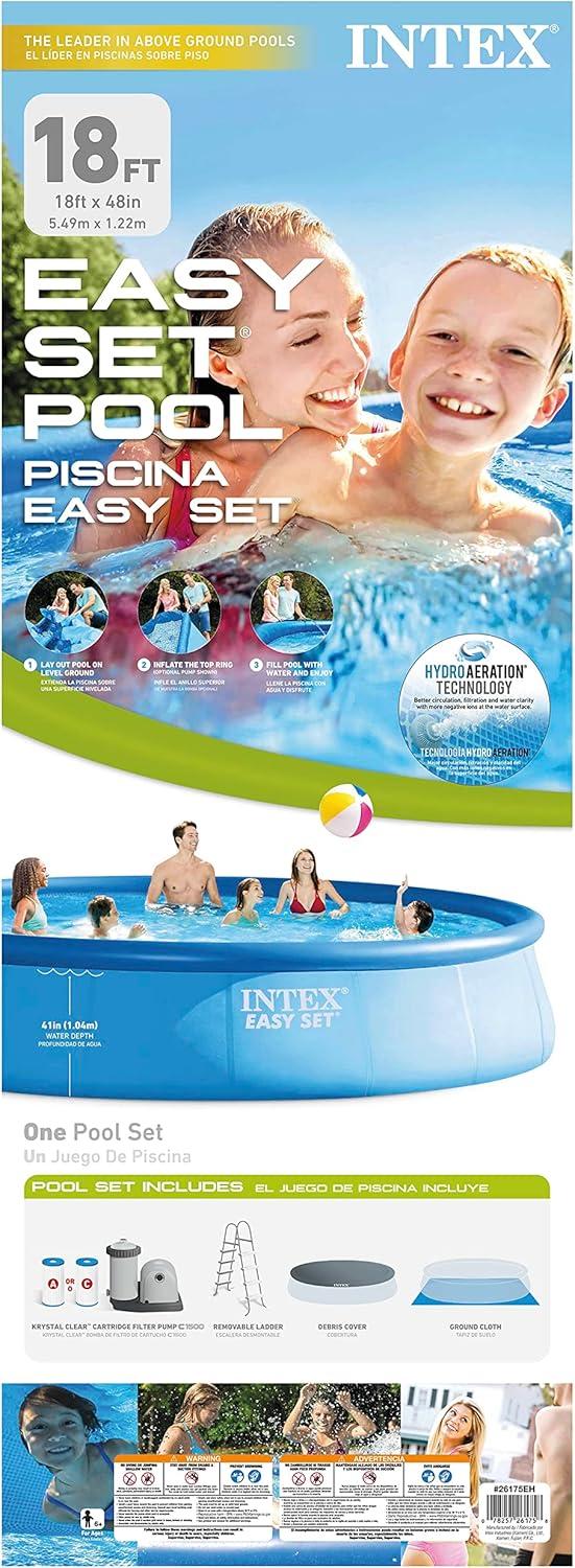 imageINTEX 26175EH Easy Set Inflatable Swimming Pool Set 18ft x 48in Includes 1500 GPH Cartridge Filter Pump Removable Ladder Pool Cover Ground Cloth18FT x 48IN