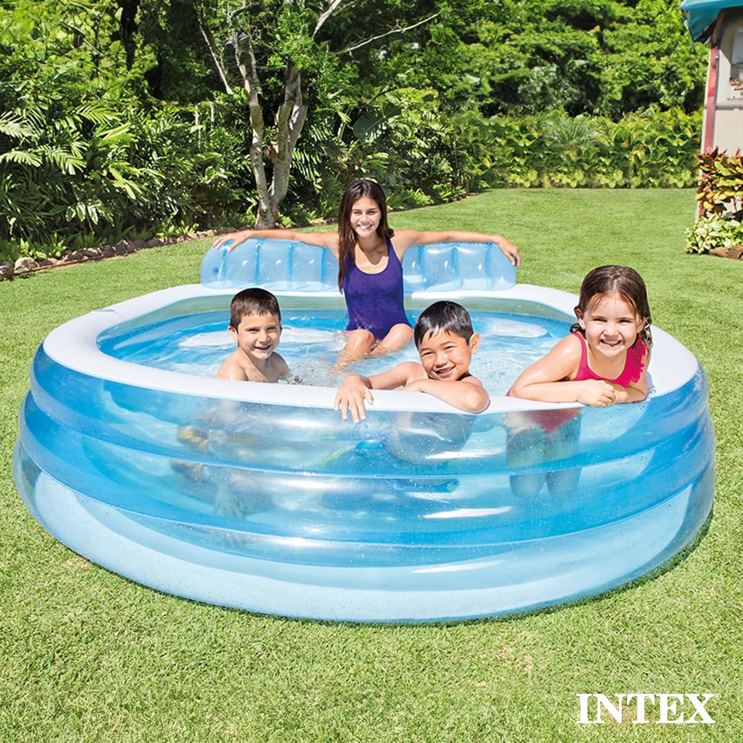imageINTEX Swim Center Inflatable Family Lounge Pool BuiltIn Bench Cup Holder 156 Gallon Capacity 90quot x 86quot x 31quot BlueBlue