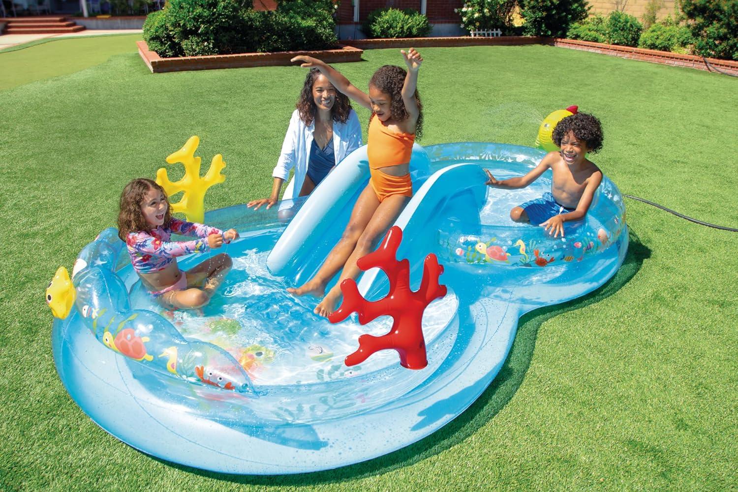 imageIntex 57440EP Inflatable Whale Spray Kiddie Pool for Kids 2 79quot x 77quot x 36quot Small BlowUp Splash Pool ampamp Sprinkler Backyard Toddler Play CenterBlue