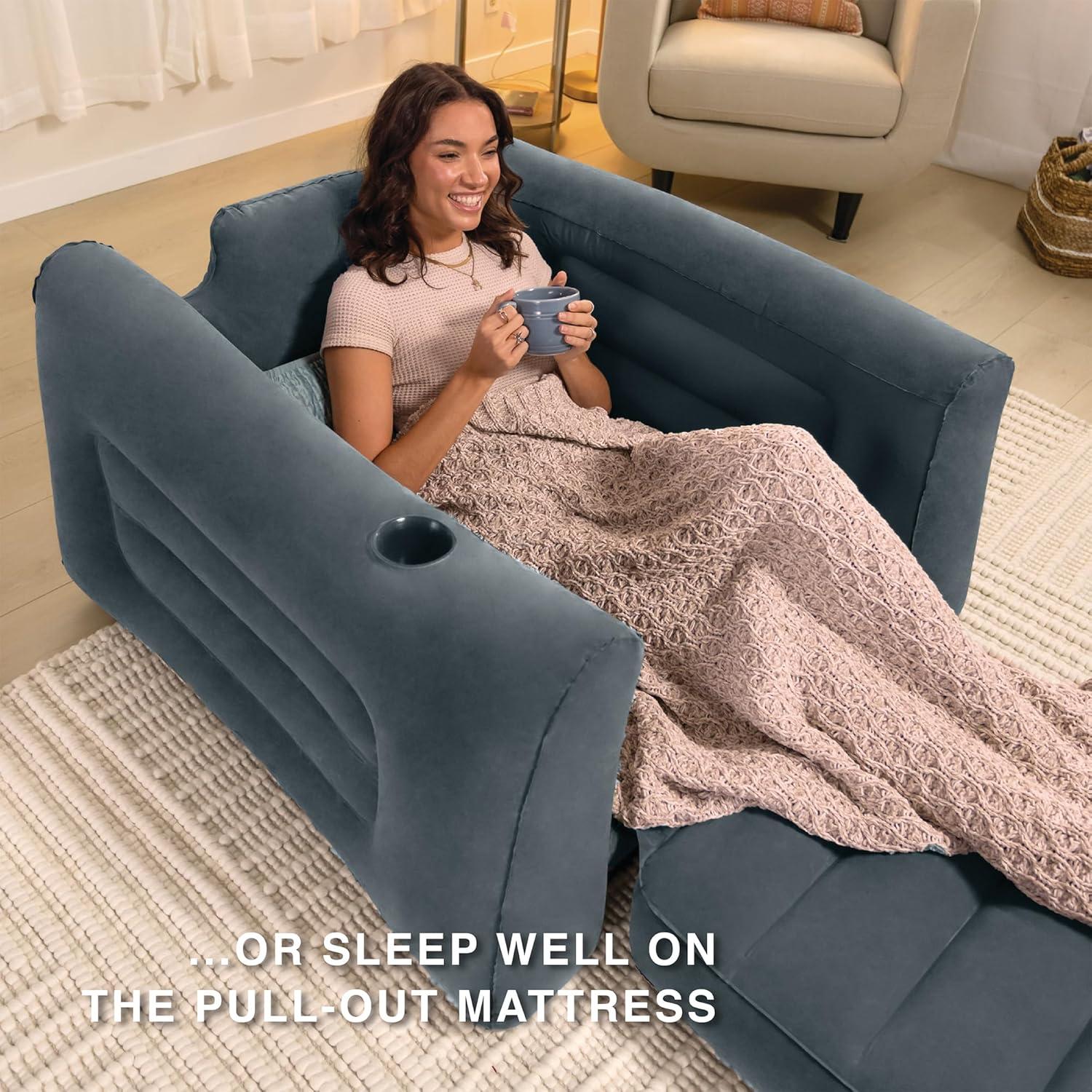 imageIntex 66551EP Inflatable PullOut Chair Builtin Cupholder Velvety Surface 2in1 Valve Folds Compactly 80quot x 91quot x 26quotGrey