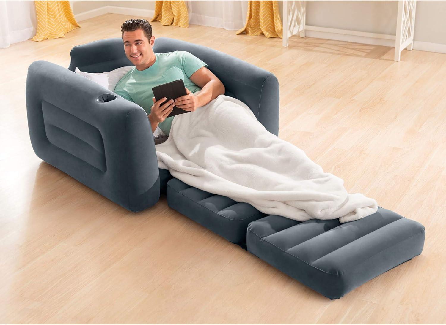 imageIntex 66551EP Inflatable PullOut Chair Builtin Cupholder Velvety Surface 2in1 Valve Folds Compactly 80quot x 91quot x 26quotGrey
