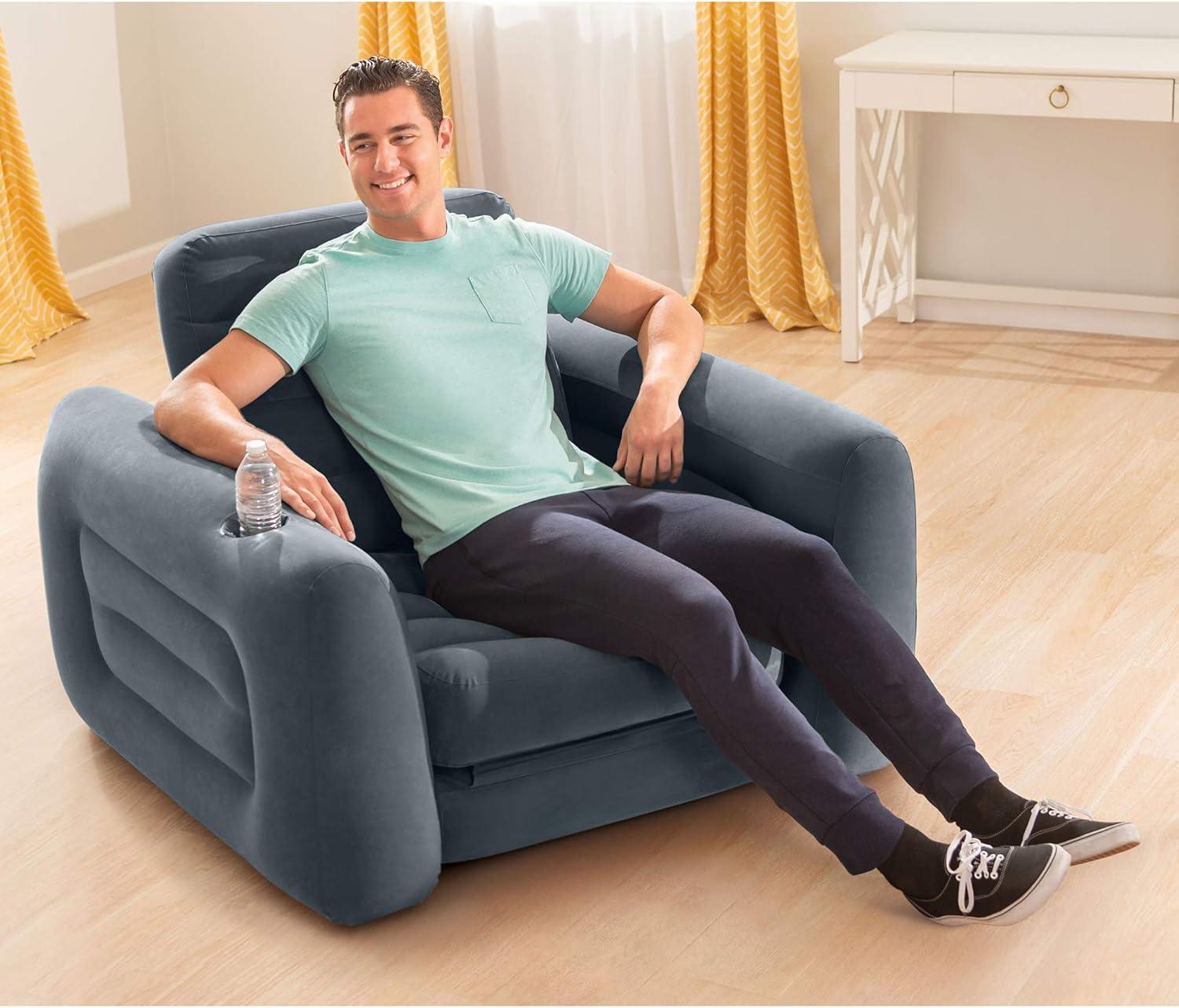 imageIntex 66551EP Inflatable PullOut Chair Builtin Cupholder Velvety Surface 2in1 Valve Folds Compactly 80quot x 91quot x 26quotGrey