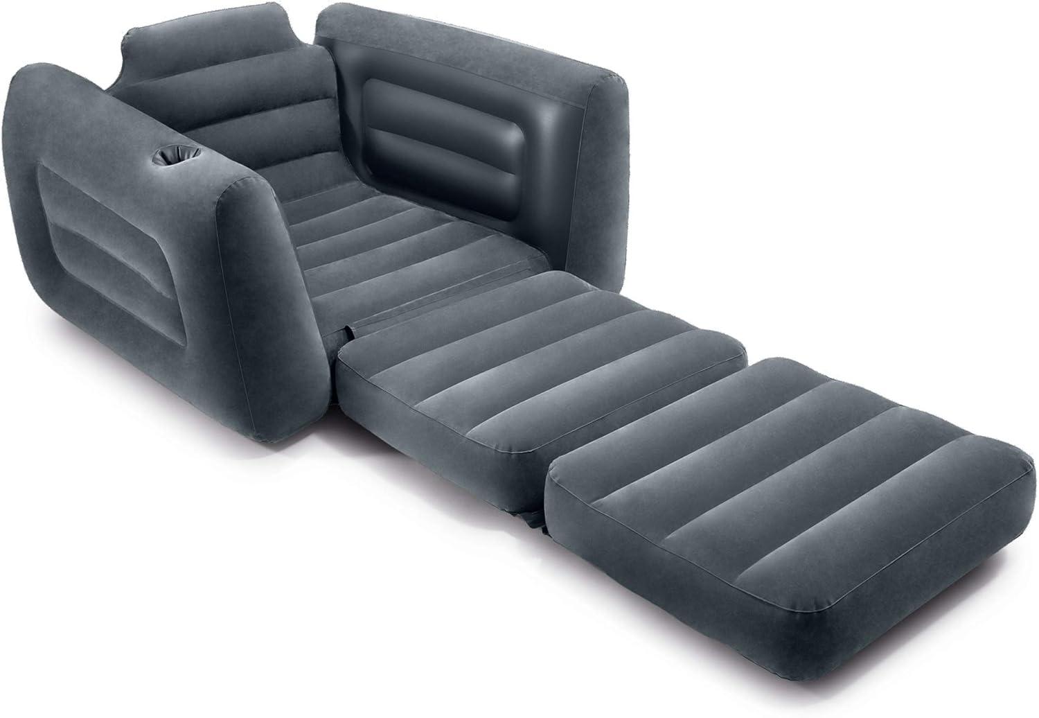 imageIntex 66551EP Inflatable PullOut Chair Builtin Cupholder Velvety Surface 2in1 Valve Folds Compactly 80quot x 91quot x 26quotGrey