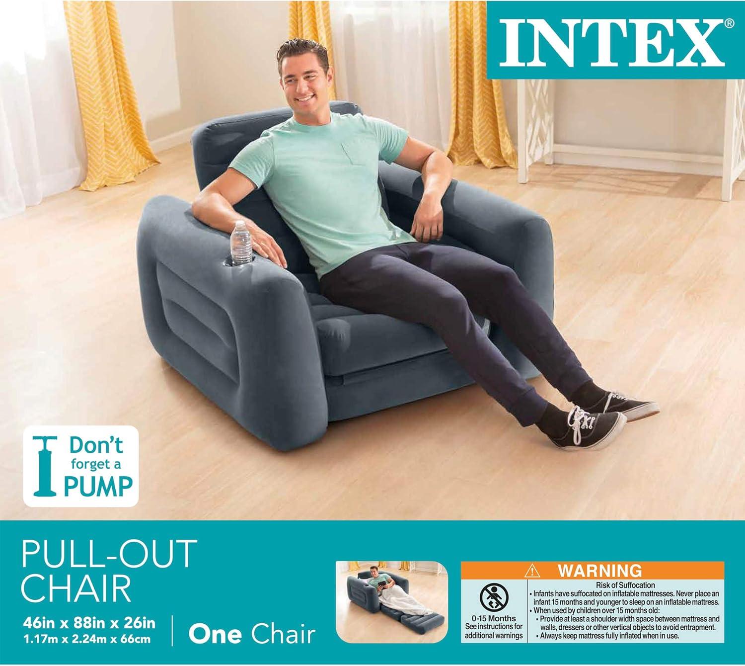 imageIntex 66551EP Inflatable PullOut Chair Builtin Cupholder Velvety Surface 2in1 Valve Folds Compactly 80quot x 91quot x 26quotGrey