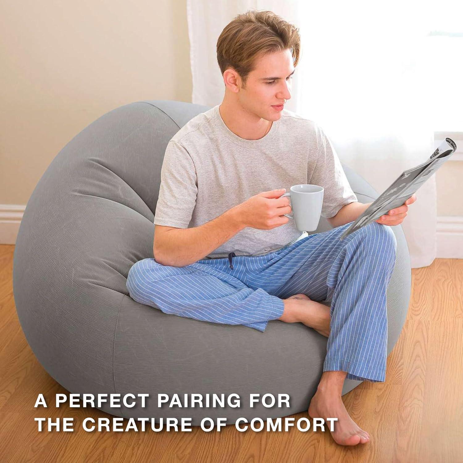 imageIntex 68579EP Beanless Bag Inflatable Lounge Chair Corduroy Textured Flocking Durable Vinyl Folds Compactly 220lb Weight Capacity 45quot x 45quot x 28quotGrey