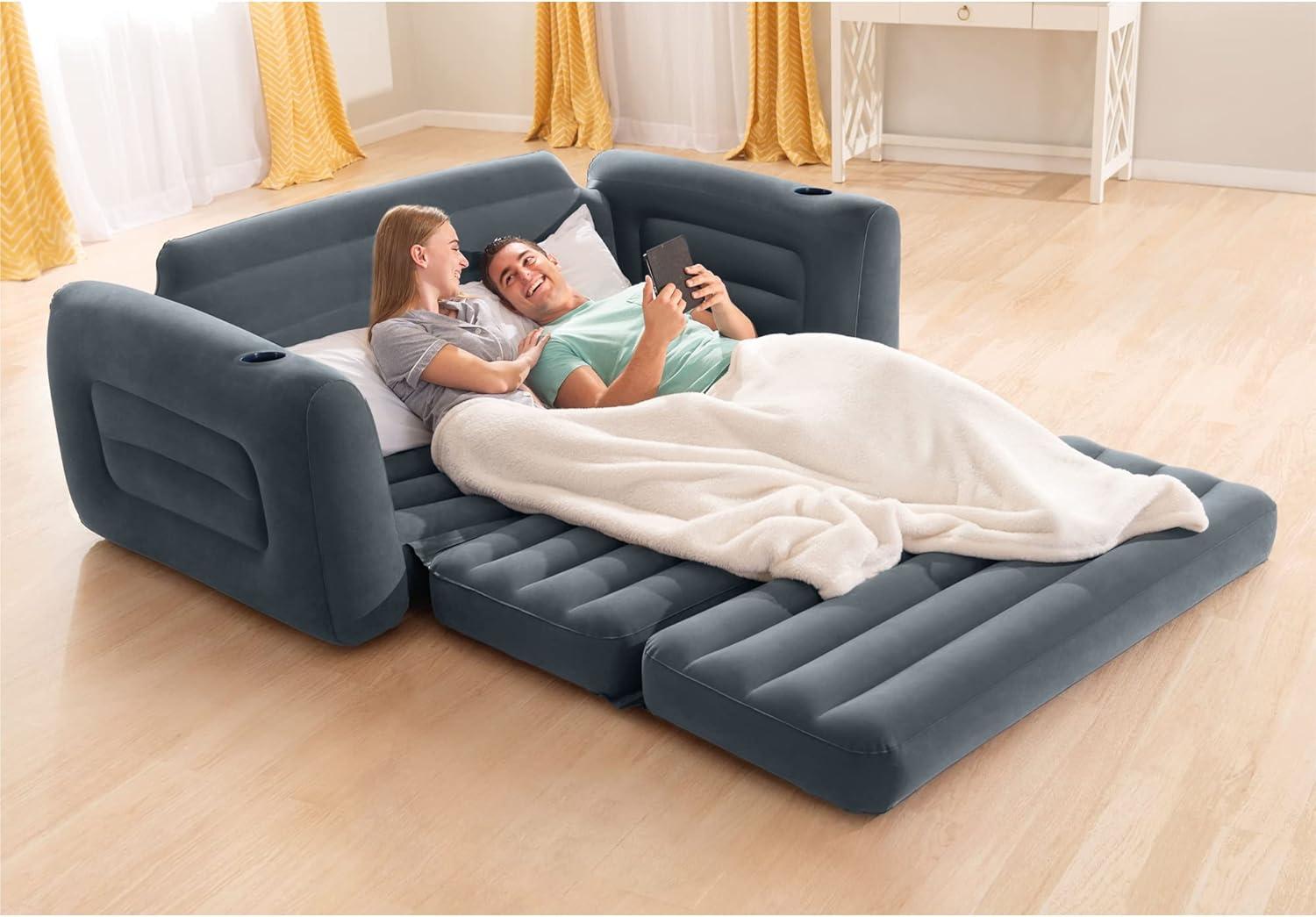 imageIntex Inflatable PullOut Sofa Velvety Surface 2in1 Valve Cupholder 46quot x 88quot x 26quot BlowUp Couch and Folding Queen Size Air Mattress Bed