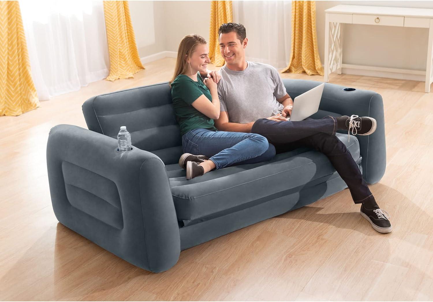 imageIntex Inflatable PullOut Sofa Velvety Surface 2in1 Valve Cupholder 46quot x 88quot x 26quot BlowUp Couch and Folding Queen Size Air Mattress Bed