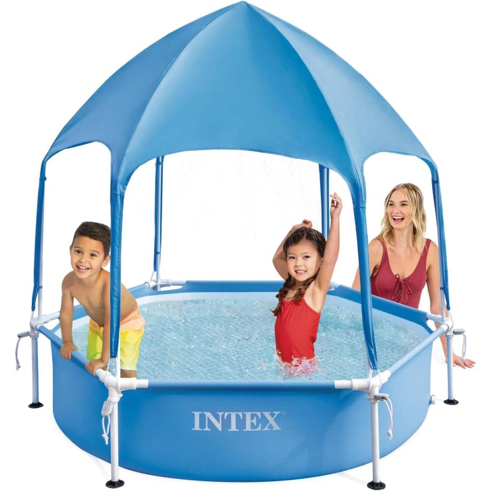 imageINTEX 28209EP 6ft x 15in Canopy Metal Frame Above Ground Kiddie Baby Swimming Pool with Builtin Canopy Sprayer PunctureResistant Material Easy to Assemble 185 Gallon Capacity