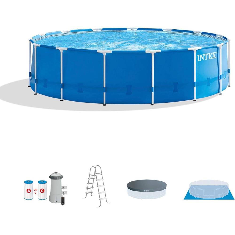 imageIntex 28241EH Metal Frame Above Ground Swimming Pool Set 15ft x 48in  Includes 1000 GPH Cartridge Filter Pump  Removable Ladder  Pool Cover  Ground Cloth15 x 48