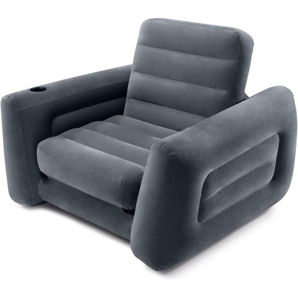 imageIntex 66551EP Inflatable PullOut Chair Builtin Cupholder  Velvety Surface  2in1 Valve  Folds Compactly  80quot x 91quot x 26quotGrey