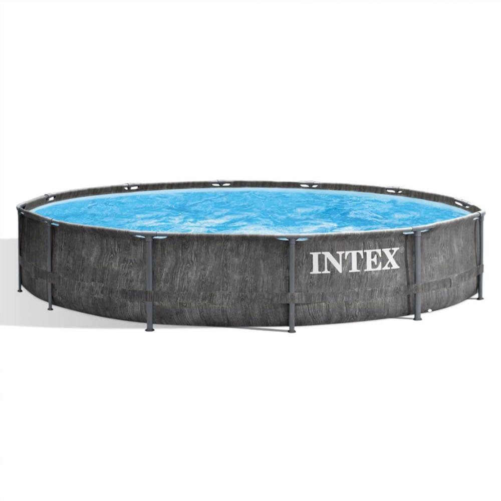 imageIntex Greywood Prism Frame 12 Foot x 30 Inch Round Above Ground Outdoor Swimming Pool with 530 GPH Filter Pump Grey Woodgrain Design