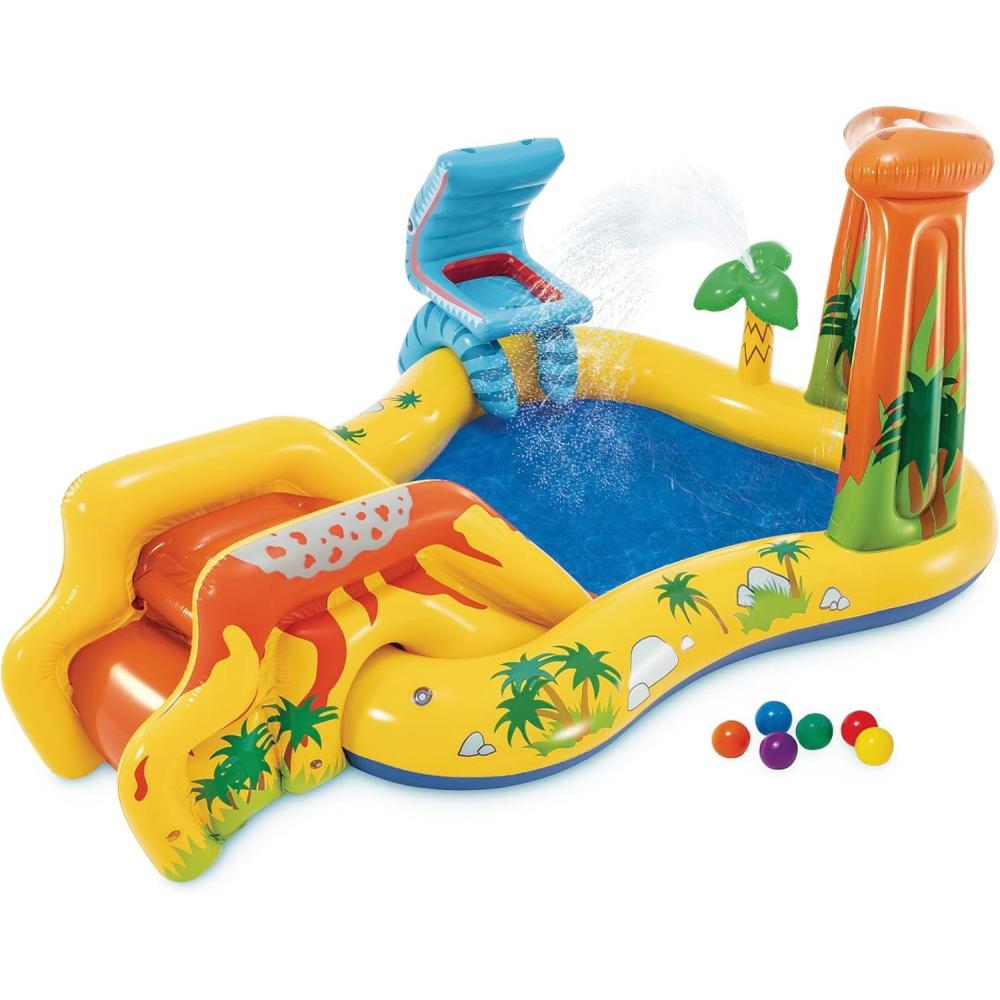 imageIntex Inflatable Dinosaur Play Center Outdoor Playhouse Inflatable Water Park with Kid Pool Slide Water Sprayer Waterfall and 6 Balls Multicolor