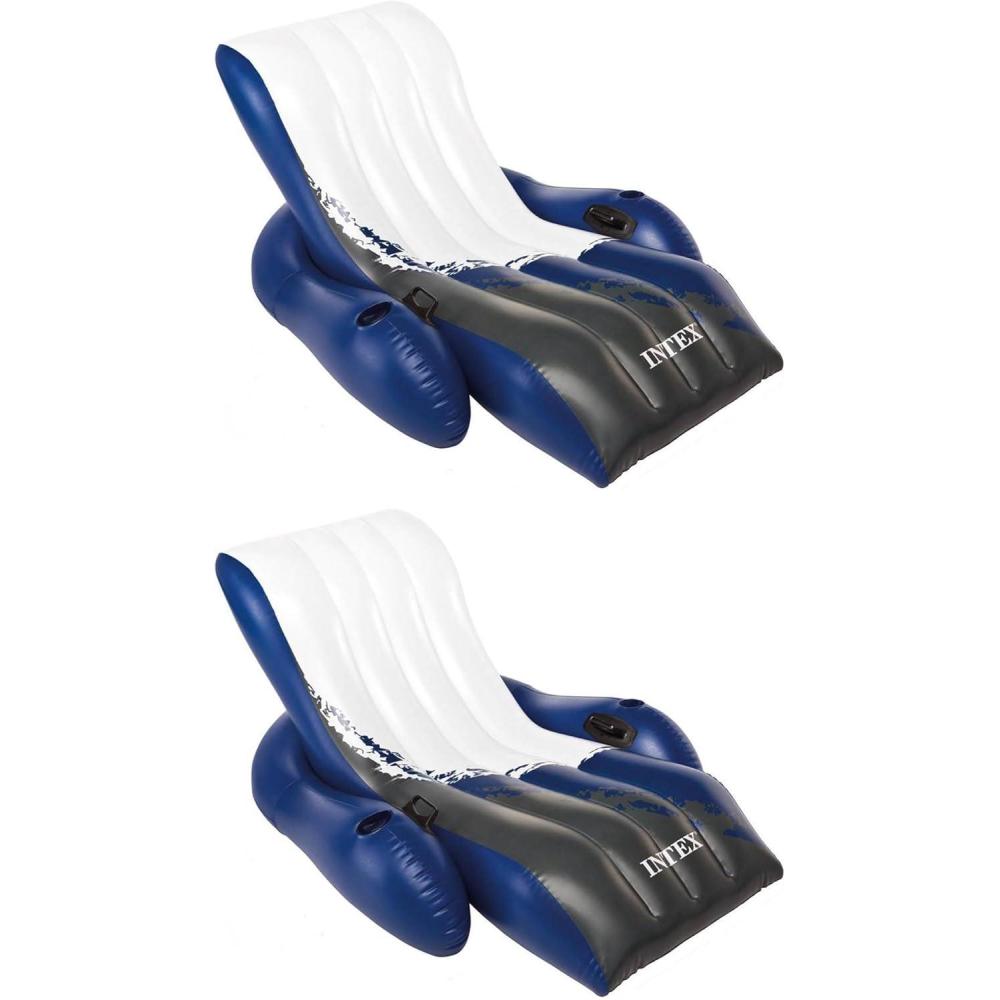 imageIntex Inflatable Lounge Pool Recliner Lounger Chair with Cup Holders HeavyDuty Float Raft for Adults 220 Lb Capacity Large Floating Tanning Chair2 Pack