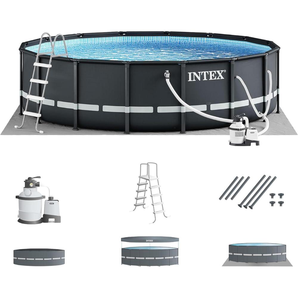 imageIntex Ultra XTR Frame 14 x 42quot Round Above Ground Outdoor Swimming Pool Set with Sand Filter Pump Ladder Ground Cloth and Pool Cover16 x 48