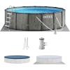 Intex Prism Frame Round Above Ground Outdoor Swimming Pool Set with Filter Pump, Ladder, Ground Cloth, and Pool Cover, Greywood(15′ x 48″)