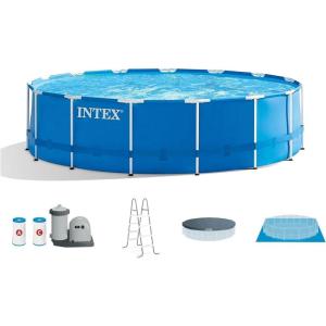 INTEX 28253EH 18ft x 48in Metal Frame Above Ground Swimming Pool Set, Includes 1500 GPH Cartridge Filter Pump, Removable Ladder, Pool Cover, Ground Cloth