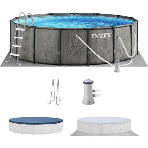 Intex Prism Frame Round Above Ground Outdoor Swimming Pool Set with Filter Pump, Ladder, Ground Cloth, and Pool Cover, Greywood(15′ x 48″)