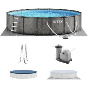 Intex Prism Frame Round Above Ground Outdoor Swimming Pool Set with Filter Pump, Ladder, Ground Cloth, and Pool Cover, Greywood(18′ x 48″)