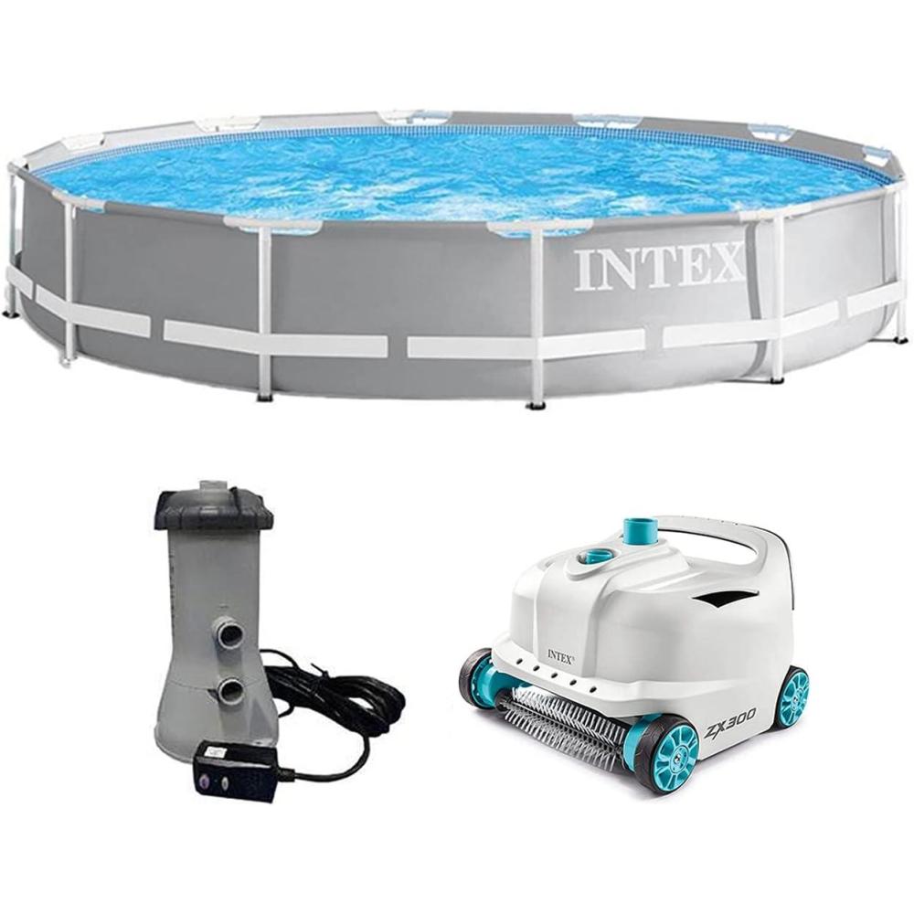 imageIntex 26711EH 12ft x 30in Prism Frame Above Ground Swimming Pool with 530 GPH GCFI Filter Pump and Robot Vacuum Cleaner fits up to 6 People