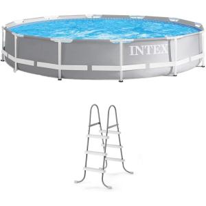 Intex Prism Frame 12 Foot x 30 Inch Round Above Ground Outdoor Swimming Pool Set for Backyards with 530 GPH Filter Pump and Steel Frame Pool Ladder