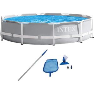 Intex 10ft x 30in Prism Metal Frame Above Ground Swimming Pool with Filter Pump and Cleaning Maintenance Kit with Vacuum, Skimmer and Pole 26701EH