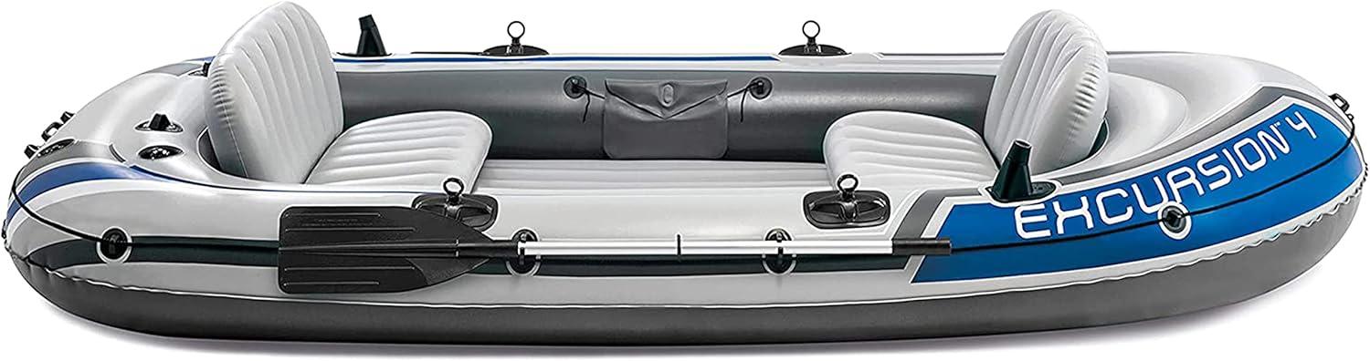 imageINTEX 66324EP Excursion 4 Inflatable Boat Set Includes Deluxe 54in Aluminum Oars and HighOutput Pump Adjustable Seats with Backrest Fishing Rod Holders 4Person 1100lb Weight CapacityGray