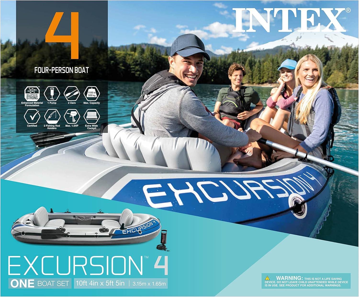 imageINTEX 66324EP Excursion 4 Inflatable Boat Set Includes Deluxe 54in Aluminum Oars and HighOutput Pump Adjustable Seats with Backrest Fishing Rod Holders 4Person 1100lb Weight CapacityGray