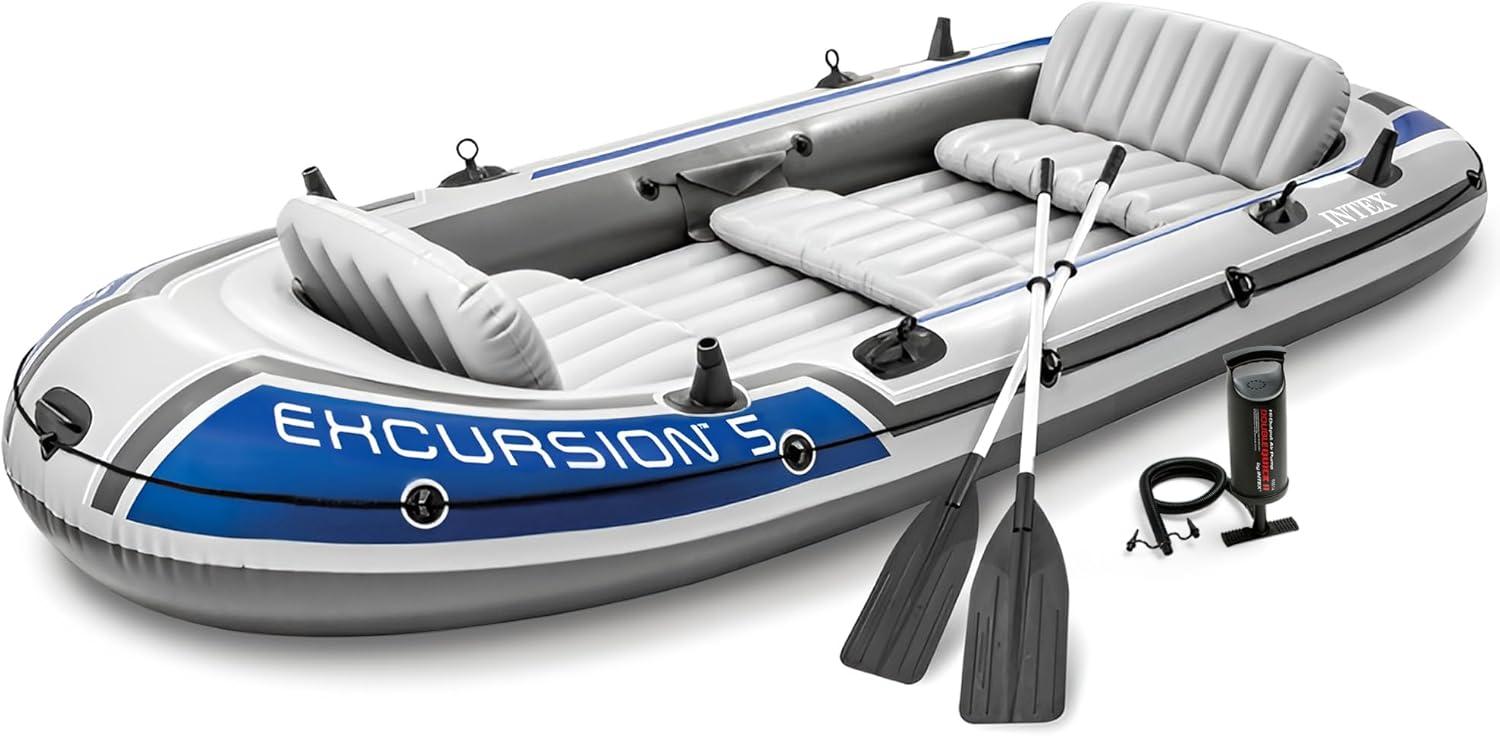 imageINTEX 66324EP Excursion 4 Inflatable Boat Set Includes Deluxe 54in Aluminum Oars and HighOutput Pump Adjustable Seats with Backrest Fishing Rod Holders 4Person 1100lb Weight CapacityGray