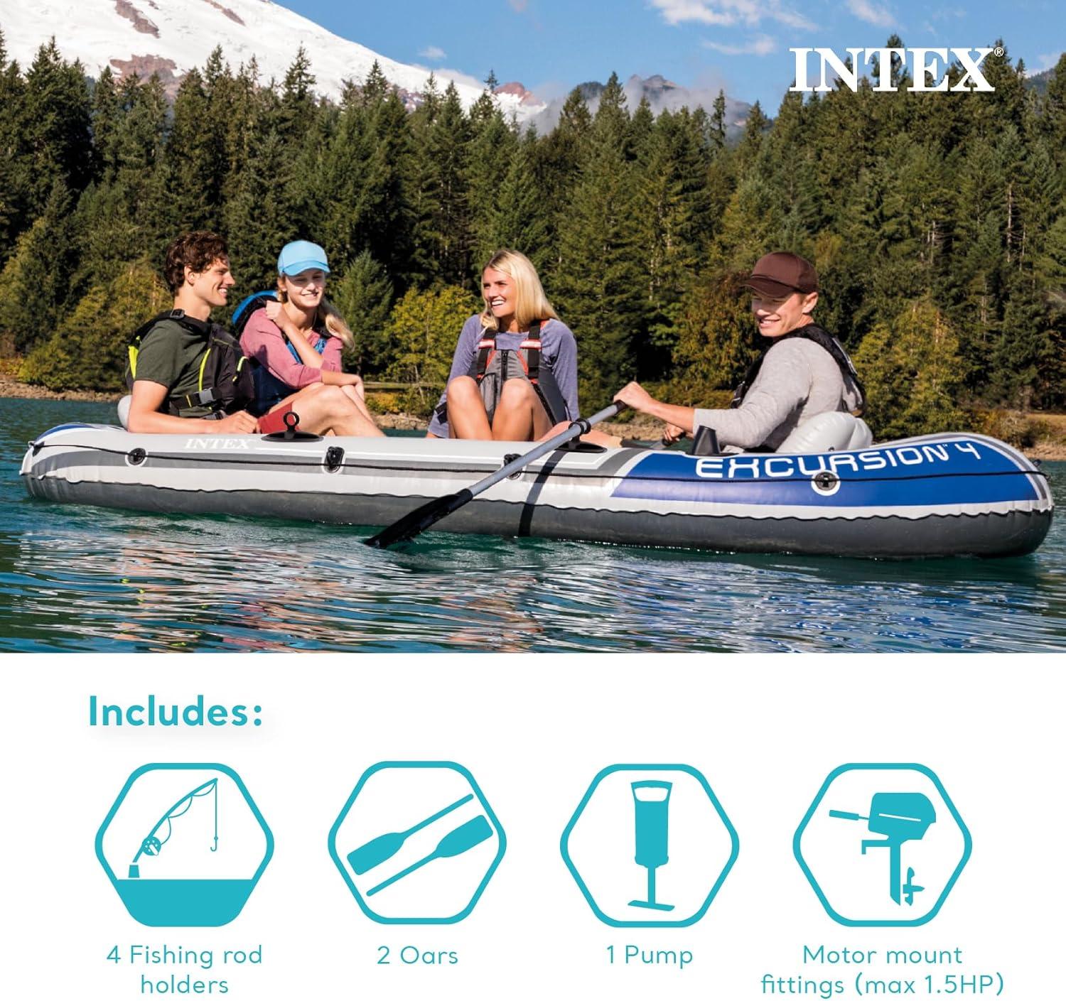 imageINTEX 66324EP Excursion 4 Inflatable Boat Set Includes Deluxe 54in Aluminum Oars and HighOutput Pump Adjustable Seats with Backrest Fishing Rod Holders 4Person 1100lb Weight CapacityGray