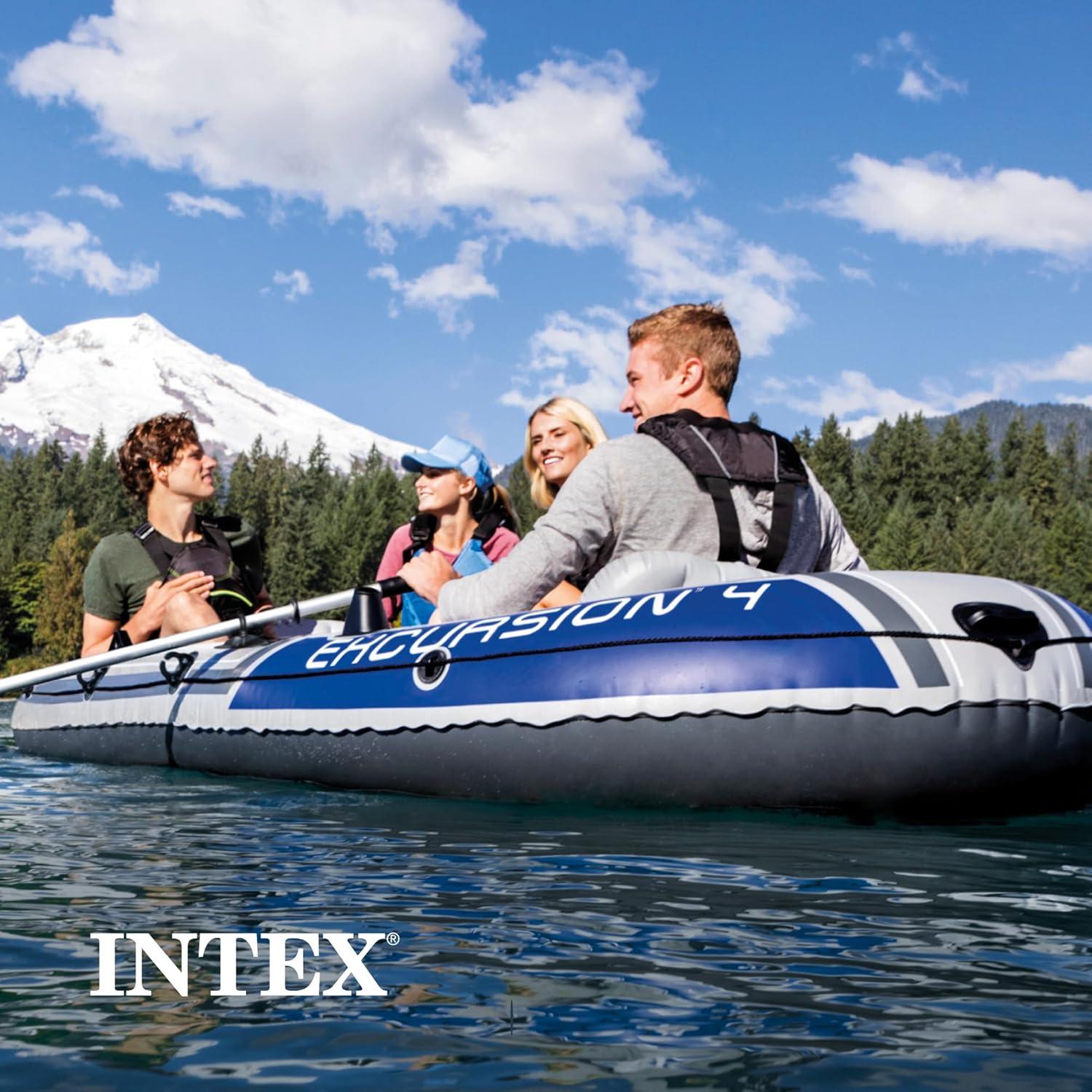 imageINTEX 66324EP Excursion 4 Inflatable Boat Set Includes Deluxe 54in Aluminum Oars and HighOutput Pump Adjustable Seats with Backrest Fishing Rod Holders 4Person 1100lb Weight CapacityGray