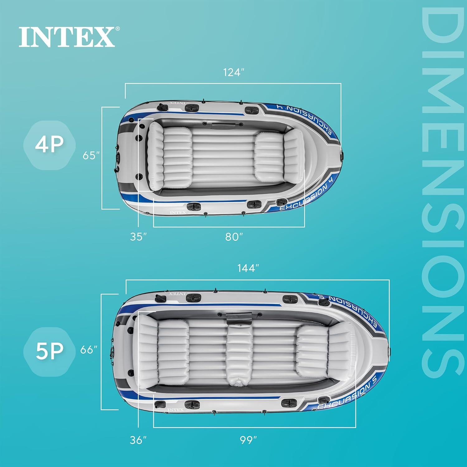 imageINTEX 66324EP Excursion 4 Inflatable Boat Set Includes Deluxe 54in Aluminum Oars and HighOutput Pump Adjustable Seats with Backrest Fishing Rod Holders 4Person 1100lb Weight CapacityGray