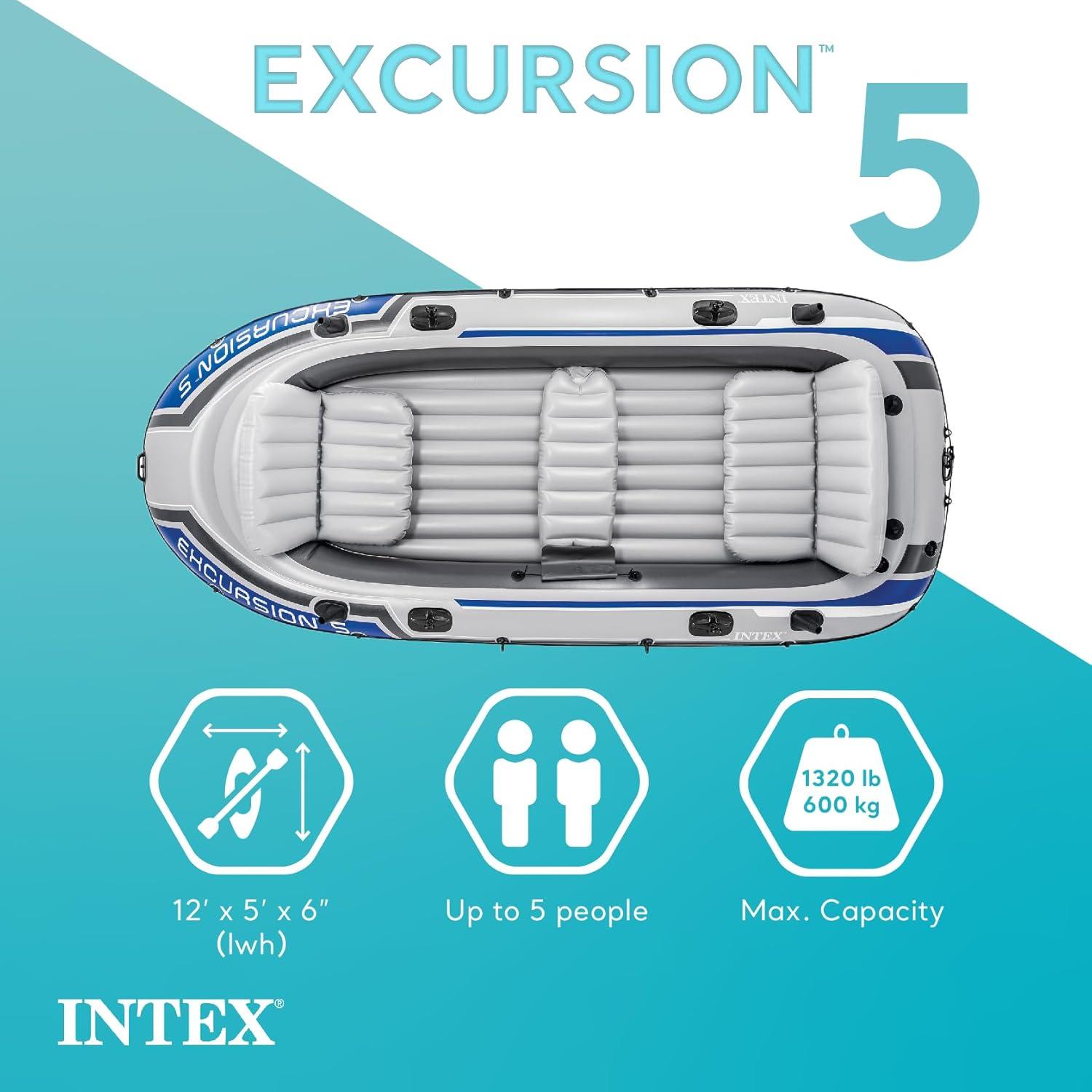 imageINTEX 66324EP Excursion 4 Inflatable Boat Set Includes Deluxe 54in Aluminum Oars and HighOutput Pump Adjustable Seats with Backrest Fishing Rod Holders 4Person 1100lb Weight CapacityGray