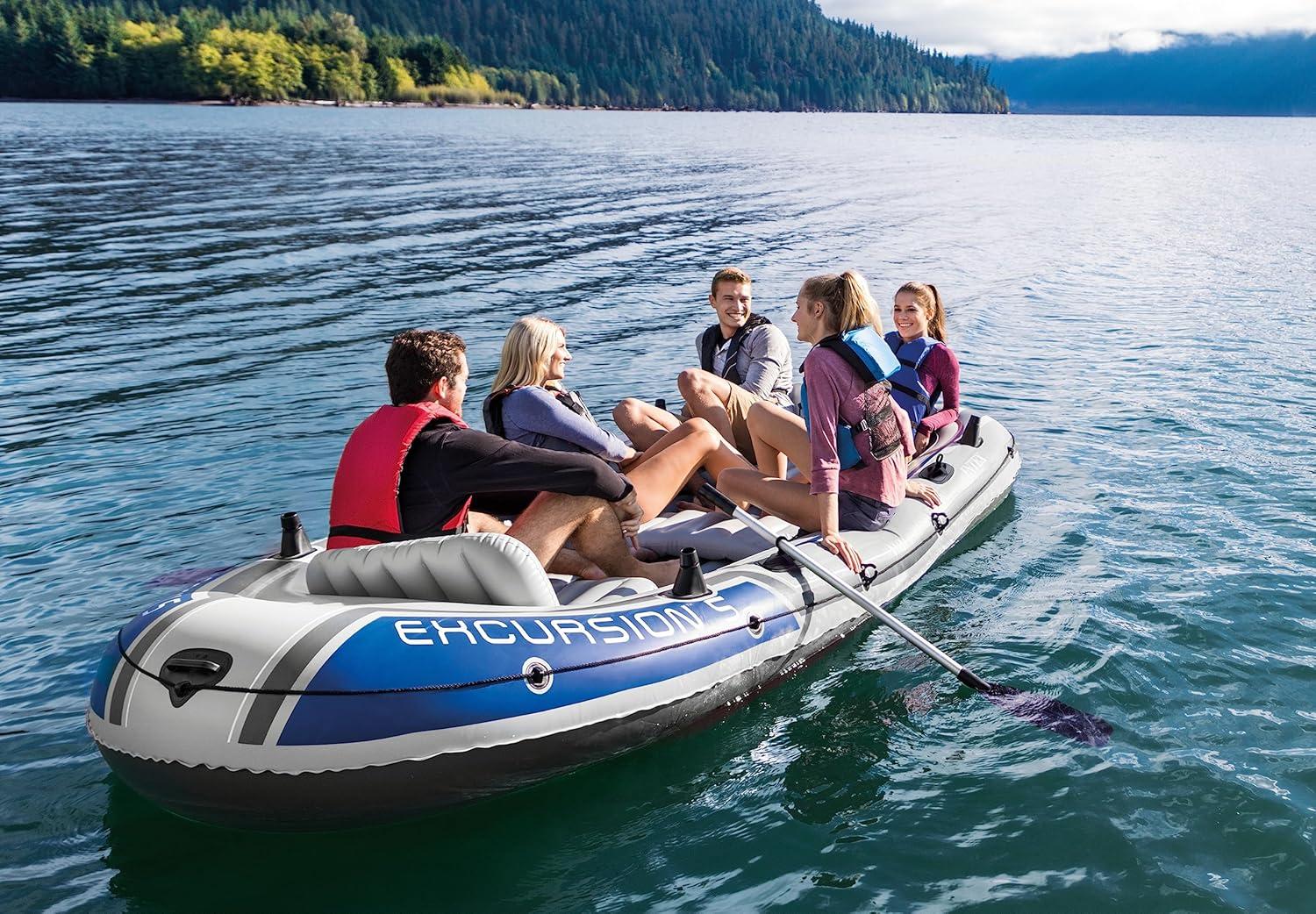 imageINTEX 66324EP Excursion 4 Inflatable Boat Set Includes Deluxe 54in Aluminum Oars and HighOutput Pump Adjustable Seats with Backrest Fishing Rod Holders 4Person 1100lb Weight CapacityGray