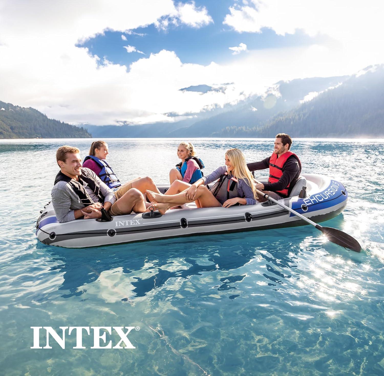 imageINTEX 66324EP Excursion 4 Inflatable Boat Set Includes Deluxe 54in Aluminum Oars and HighOutput Pump Adjustable Seats with Backrest Fishing Rod Holders 4Person 1100lb Weight CapacityGray